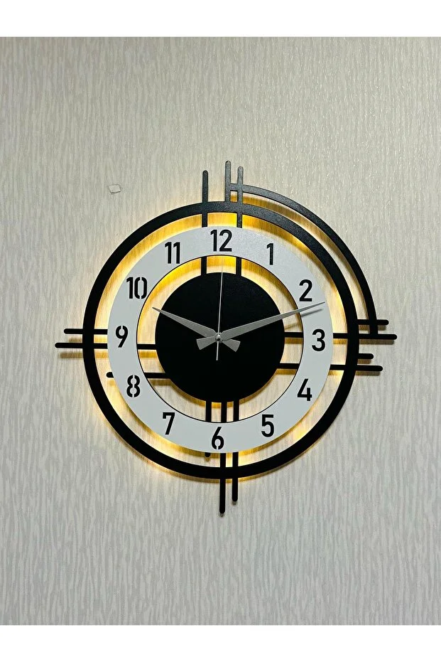 Işıklı Ahşap Duvar Saati 48 cm Dekoratif modern tasarım